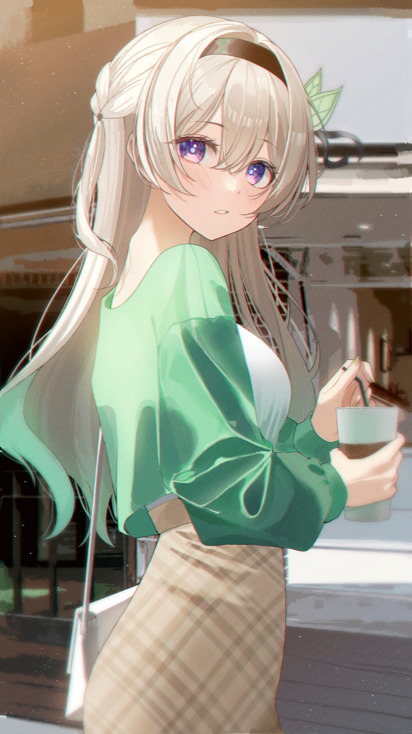1girl absurdres alternate_costume bag black_hairband blue_pupils blurry blurry_background breasts brown_skirt casual commentary_request cowboy_shot cup disposable_coffee_cup disposable_cup drinking_straw facial_hair firefly_(honkai:_star_rail) from_side gradient_hair green_facial_hair green_jacket green_nails grey_hair habetto_(jvzt7737) hair_between_eyes hair_ornament hairband handbag highres holding holding_cup honkai:_star_rail honkai_(series) jacket large_breasts long_hair long_sleeves looking_at_viewer multicolored_hair nail_polish outdoors parted_lips purple_eyes shirt shirt_tucked_in skirt solo sunlight white_bag white_shirt