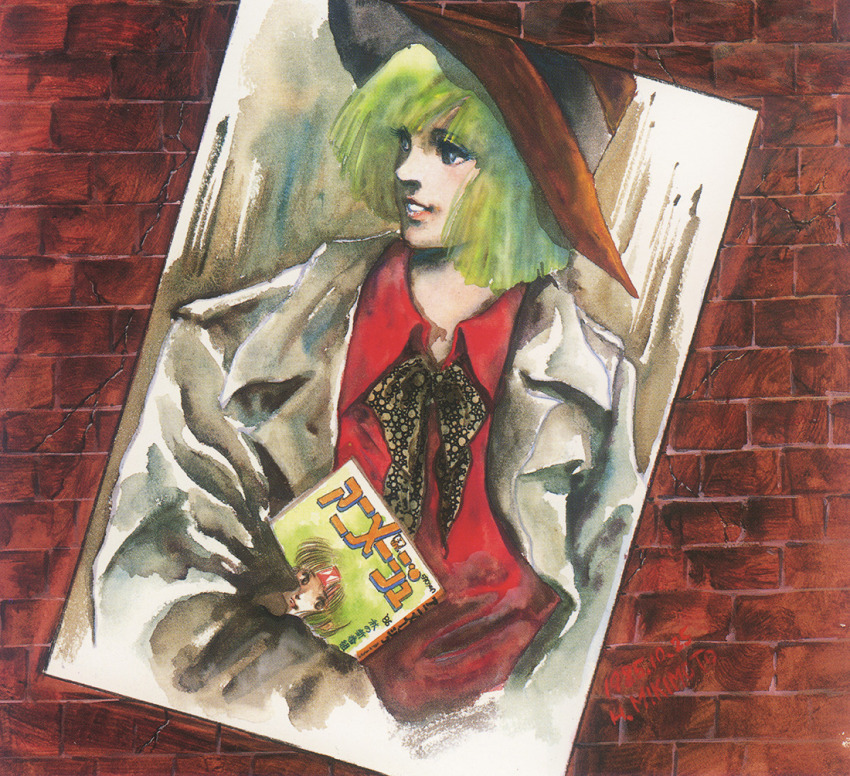 1980s_(style) 1girl animage coat cover damaged dirty green_hair grin hat magazine_(object) magazine_cover megazone_23 mikimoto_haruhiko oldschool painting_(medium) portrait poster_(object) promotional_art red_lips retro_artstyle scan science_fiction signature smile tokimatsuri_eve traditional_media