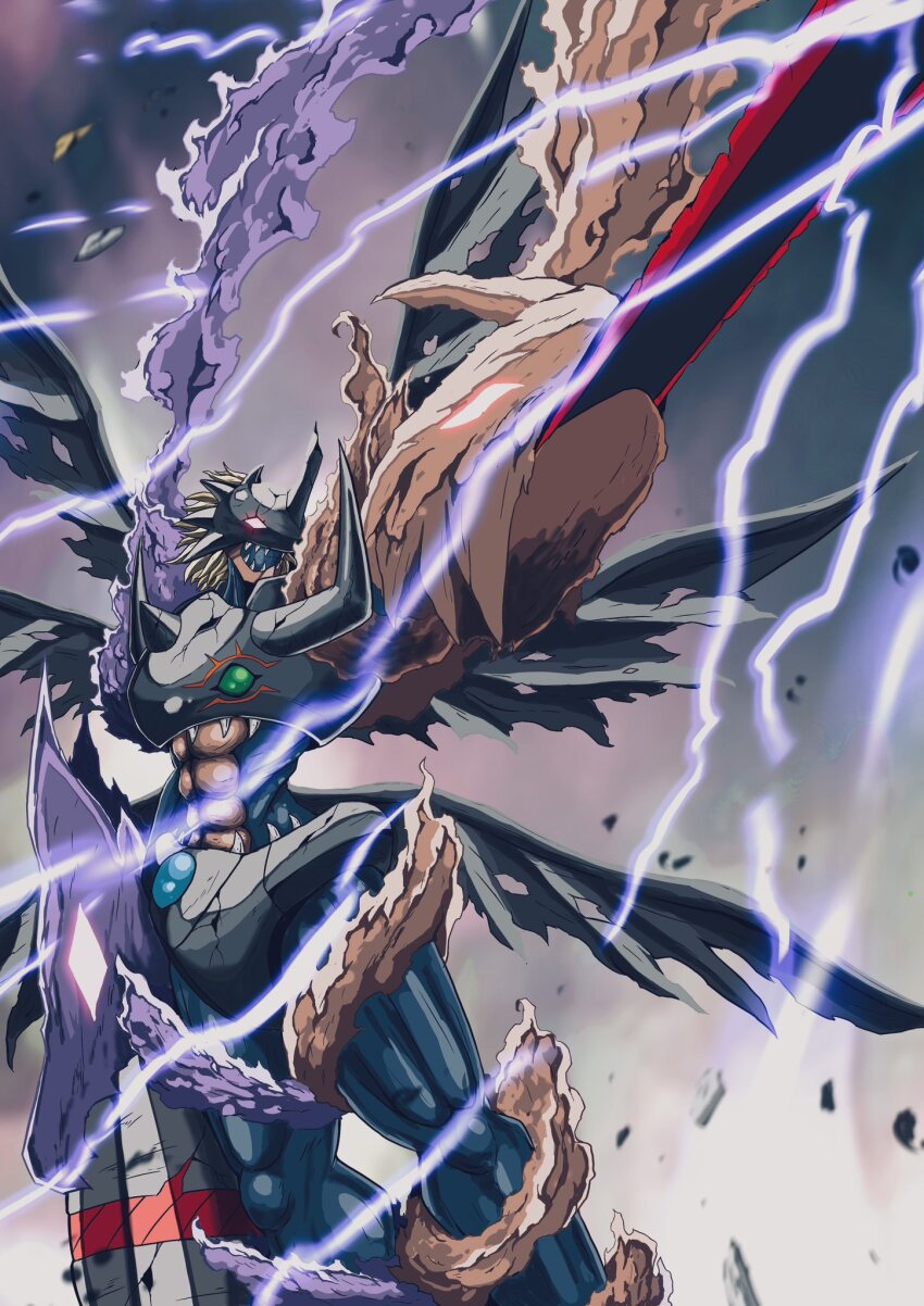armagemon cannon digimon digimon_(creature) energy fusion highres omegamon original solo sword weapon zeedmillenniumon