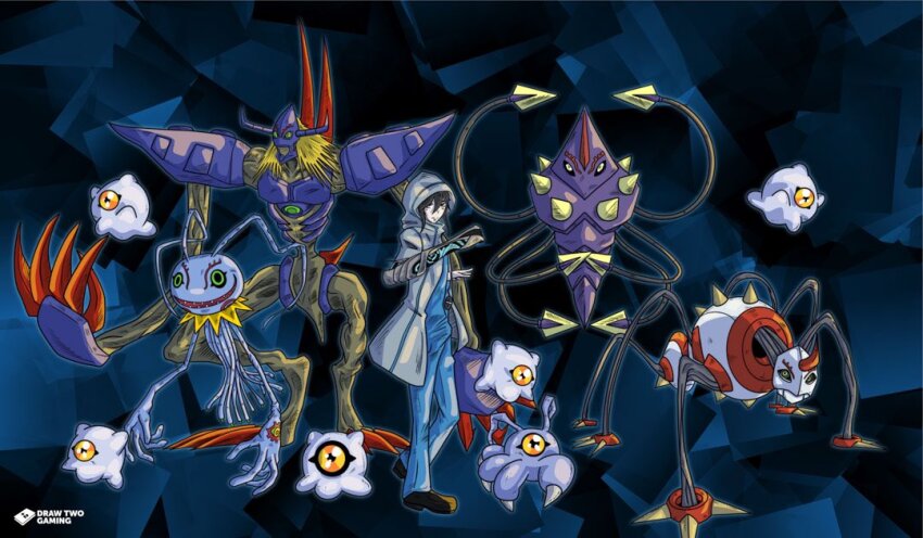 chrysalimon diablomon digimon green_eyes hood hoodie horns infermon keramon kuramon sanada_arata tentacles tsumemon yellow_eyes