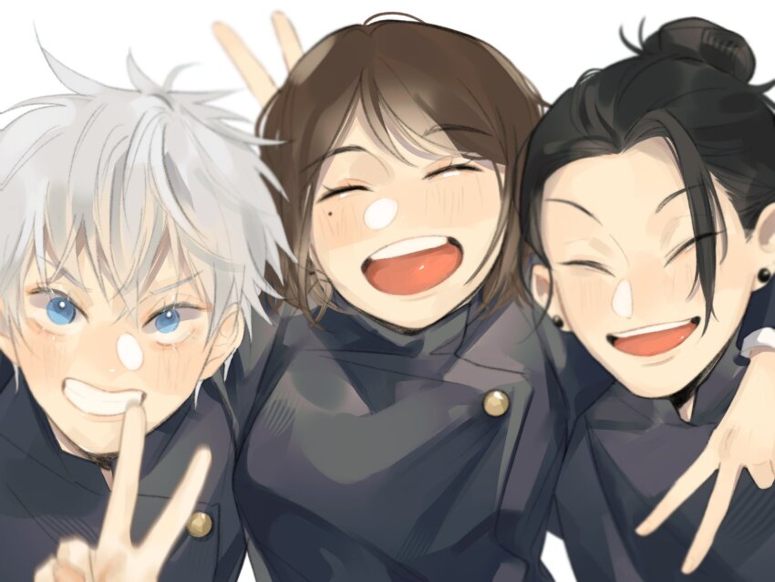 1girl 2boys ^_^ black_hair blue_eyes blush brown_hair closed_eyes commentary earrings getou_suguru gojou_satoru hair_bun highres ieiri_shoko jewelry jujutsu_kaisen jujutsu_tech_uniform looking_at_viewer mole mole_under_eye multiple_boys nnaramonn open_mouth simple_background single_sidelock smile symbol-only_commentary v white_background white_hair