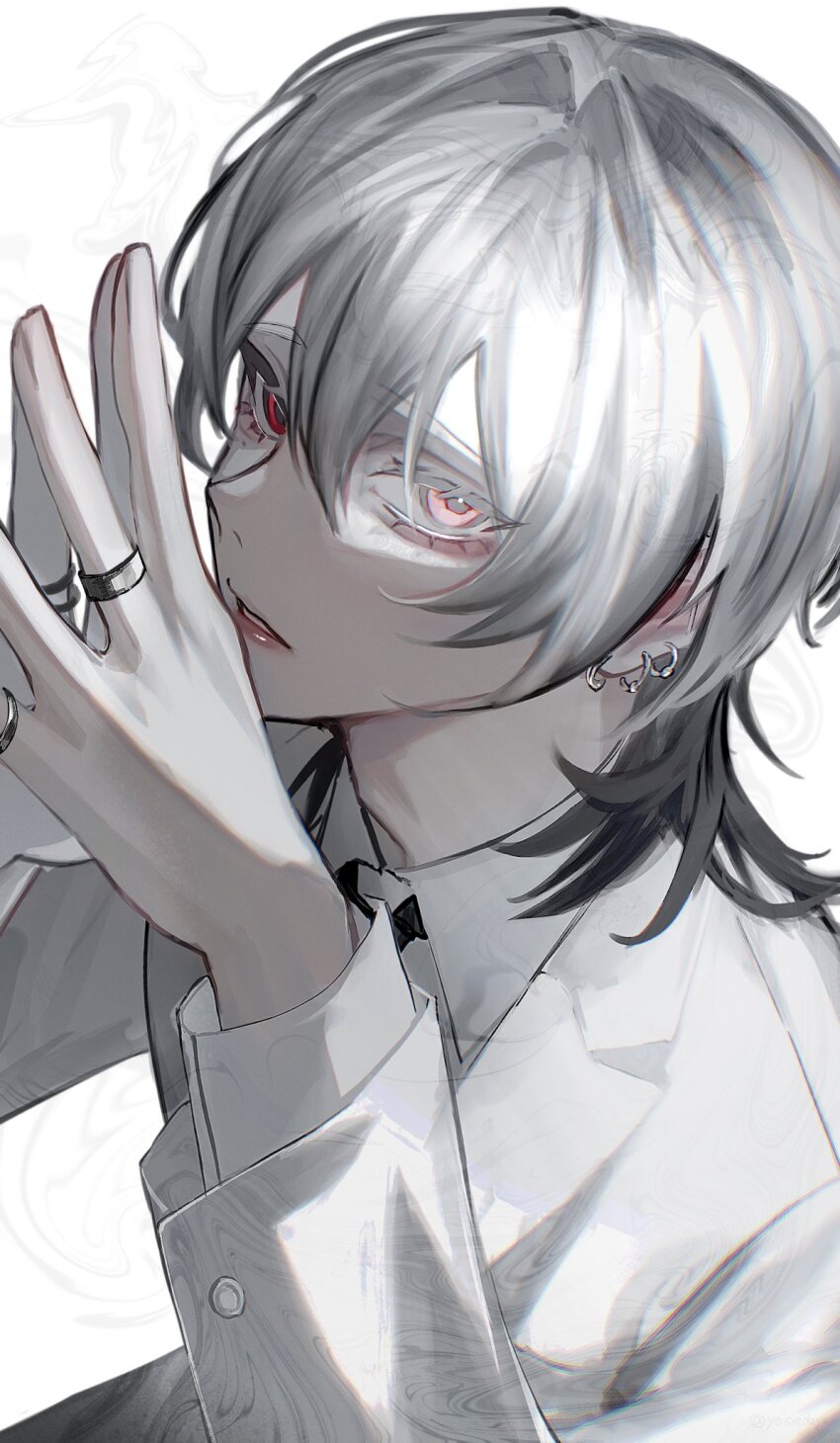 1boy ear_piercing earrings formal_clothes grey_hair hair_between_eyes highres jewelry looking_at_viewer male_focus mole mole_under_eye multicolored_hair original parted_lips piercing red_eyes ring shirt simple_background solo suit teeth two-tone_hair upper_body white_background white_hair white_shirt white_suit yosiedayo