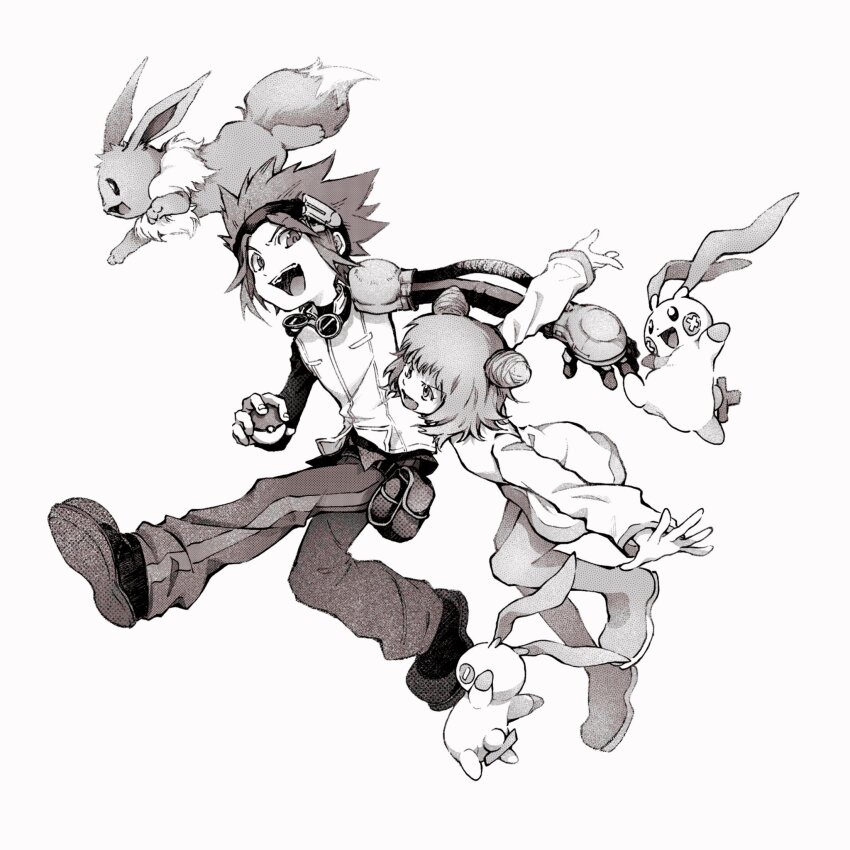 1boy 1girl :d black_hairband double_bun eevee full_body gen_1_pokemon gen_3_pokemon greyscale hair_bun hairband highres holding holding_poke_ball jovi_(pokemon) long_sleeves looking_at_viewer michael_(pokemon) minun monochrome neck_fur nintendo open_mouth plusle poke_ball pokemon pokemon_(creature) pokemon_xd shoes short_hair simple_background smile spiked_hair tan_carbonnn thighhighs white_background