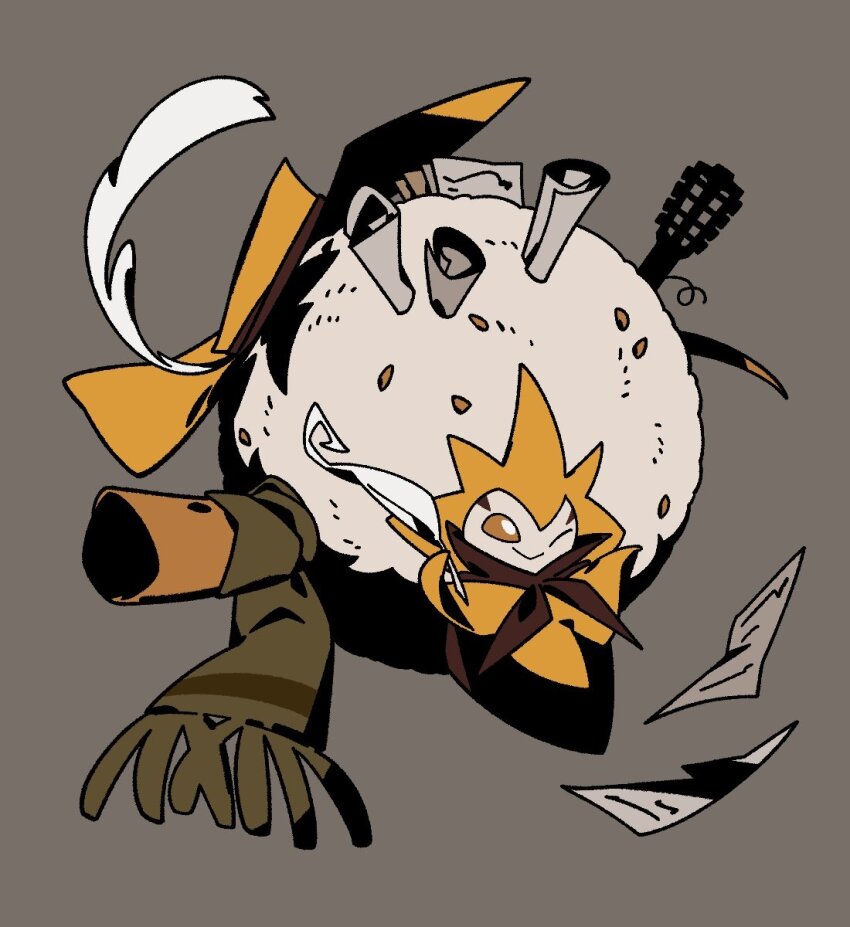 :&gt; brown_eyes brown_scarf capelet eldegoss feathers full_body gen_8_pokemon green_scarf grey_background hat highres holding holding_quill nintendo no_humans one_eye_closed paper pokemon pokemon_(creature) quill scarf scroll seed simple_background solo squirrel_quill white_feathers yellow_capelet yellow_hat