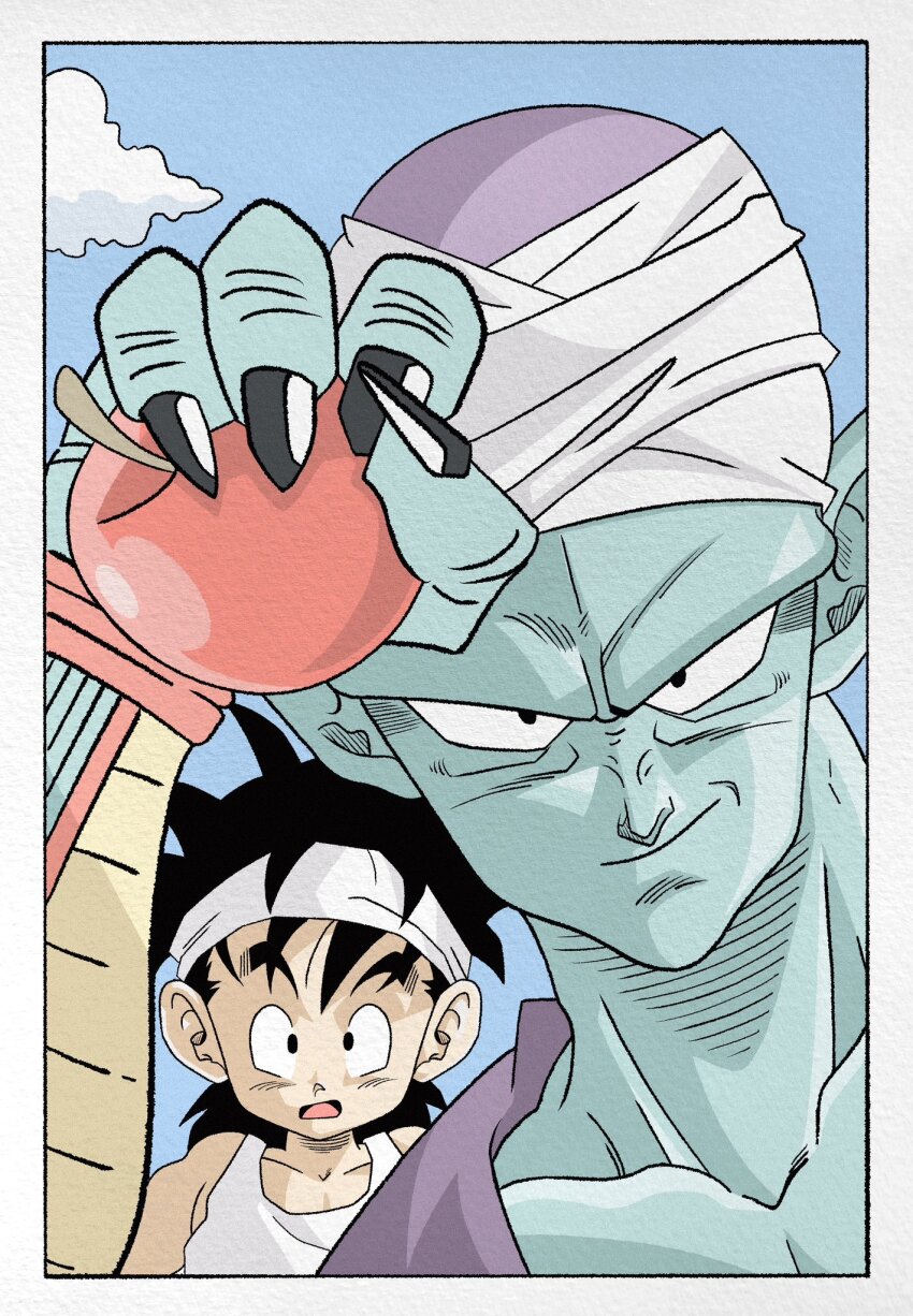 alien apple black_hair blue_sky child colored_skin dragon_ball dragonball_z fight_club food fruit green_skin highres namekian open_mouth piccolo sky smile son_gohan spiked_hair wesatinthecar