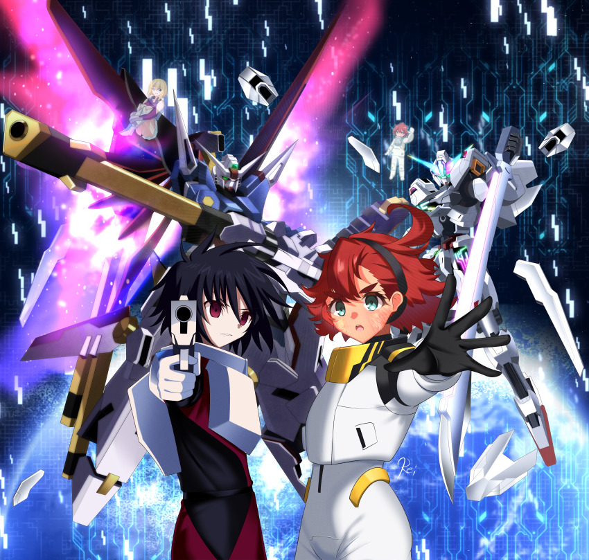1boy 3girls absurdres artist_name energy_sword bit_(gundam) black_hair black_hairband blonde_hair borrowed_weapon commentary commission crossover destiny_gundam_spec_ii energy_sword energy_wings english_commentary ericht_samaya facial_mark glowing green_eyes gun gundam gundam_calibarn gundam_seed gundam_seed_freedom gundam_suisei_no_majo hairband highres holding holding_cannon holding_gun holding_sword holding_weapon looking_at_viewer mecha mobile_suit multiple_girls pilot_suit pointing pointing_at_viewer red_eyes red_hair reiei_8 robot shinn_asuka short_hair stellar_loussier suletta_mercury sword upper_body weapon
