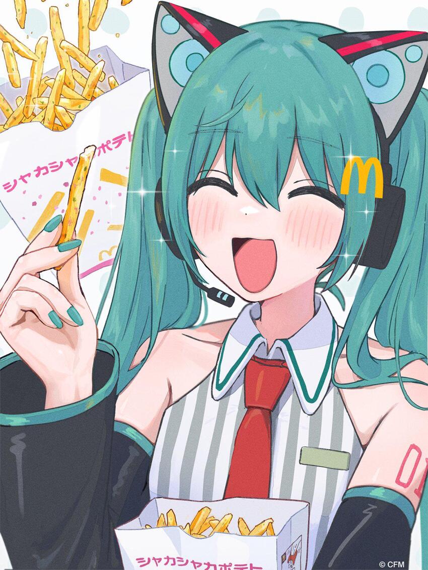 1girl ad animal_ear_hairband animal_ears aqua_eyes aqua_hair bag blush cat_ear_hairband cat_ears collared_shirt copyright_notice detached_sleeves fake_animal_ears food french_fries hair_ornament hairband hamafugu hatsune_miku headset highres holding letter_hair_ornament logo_hair_ornament long_hair mcdonald&#039;s necktie official_art open_mouth paper_bag powder shakacat shake_shake_fries shirt smile solo sparkle striped_clothes striped_shirt twintails very_long_hair vocaloid
