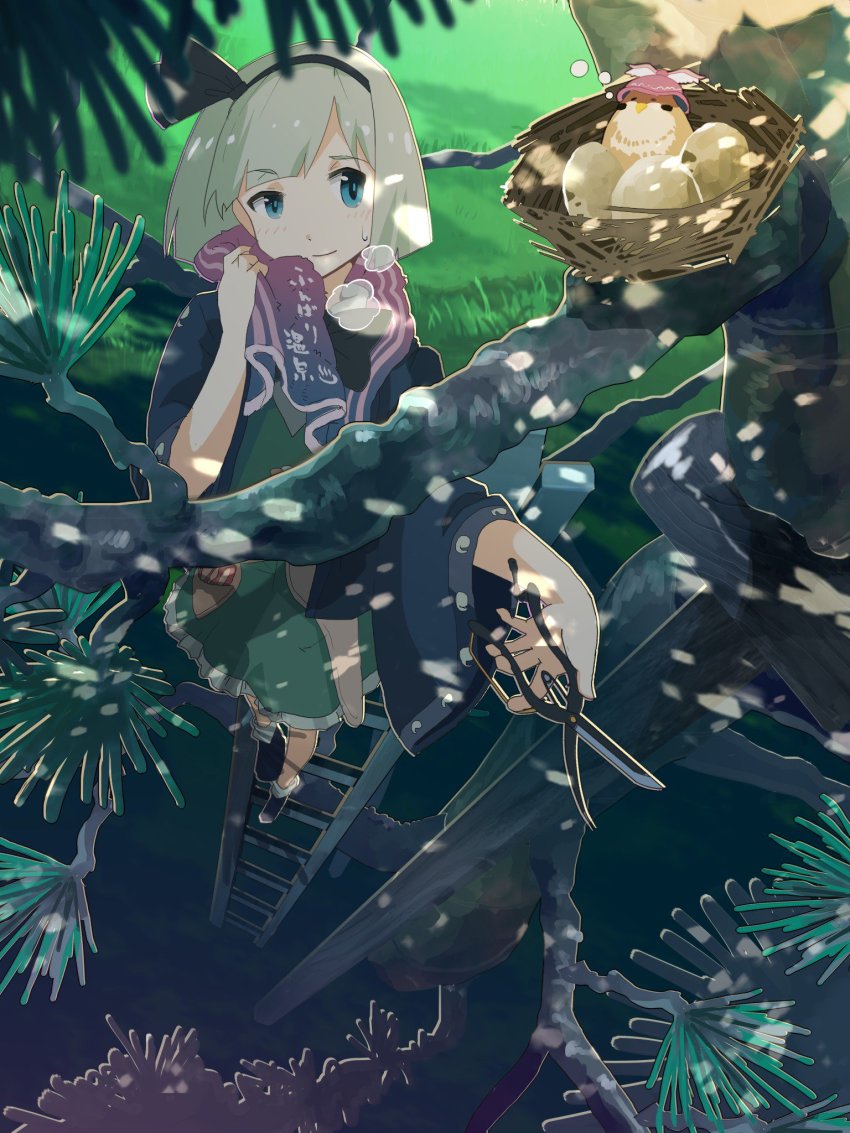 1girl aqua_eyes egg female_focus green_skirt hair_ribbon hairband haori highres in_nest japanese_clothes konpaku_youmu ladder mystia_lorelei mystia_lorelei_(bird) nest perspective ribbon scissors short_hair silver_hair skirt solo tokoroten_(hmmuk) touhou tree vest