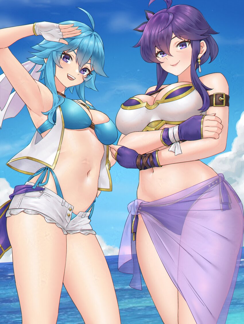 2girls absurdres ahoge arm_up armlet armor armpits beach bikini bikini_armor blue_bikini blue_hair breasts cleavage commission commissioner_upload crossed_arms day earrings fingerless_gloves fire_emblem fire_emblem:_genealogy_of_the_holy_war flower flower_on_head gloves headband highleg highleg_bikini highres if_they_mated igni_tion jacket jewelry larcei_(fire_emblem) looking_at_viewer mother_and_daughter multiple_girls navel nintendo ocean open_fly original purple_eyes purple_hair selia_(mrtalkingdino) short_hair short_shorts shorts side-tie_bikini_bottom sidelocks sleeveless sleeveless_jacket smile stomach swimsuit swimsuit_cover-up thighs tomboy white_headband
