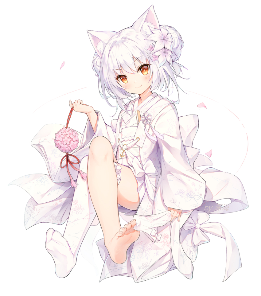 1girl anchor_ornament animal_ears azur_lane barefoot blush crossed_legs double_bun feet floral_print flower full_body hair_between_eyes hair_bun hair_flower hair_ornament hand_up highres japanese_clothes kimono legs long_sleeves looking_at_viewer medium_hair orange_eyes petals pink_flower print_kimono shenhai_(2556146833) single_bare_leg single_thighhigh sitting slit_pupils smile soles solo thighhigh_removed thighhighs thighs white_flower white_hair white_kimono wide_sleeves yukikaze_(azur_lane) yukikaze_(the_warmth_of_spring)_(azur_lane)