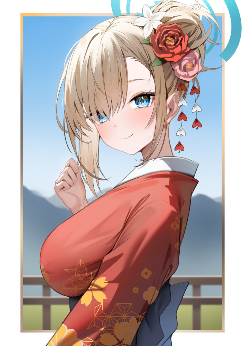 1girl absurdres alternate_costume alternate_hairstyle asuna_(blue_archive) blonde_hair blue_archive blue_eyes blue_sash blush breasts closed_mouth flower from_side hair_bun hair_flower hair_ornament hair_over_one_eye highres japanese_clothes kimono large_breasts looking_at_viewer pink_flower red_flower red_kimono sash shuvi_(shuvi1125) sidelocks smile solo upper_body white_flower