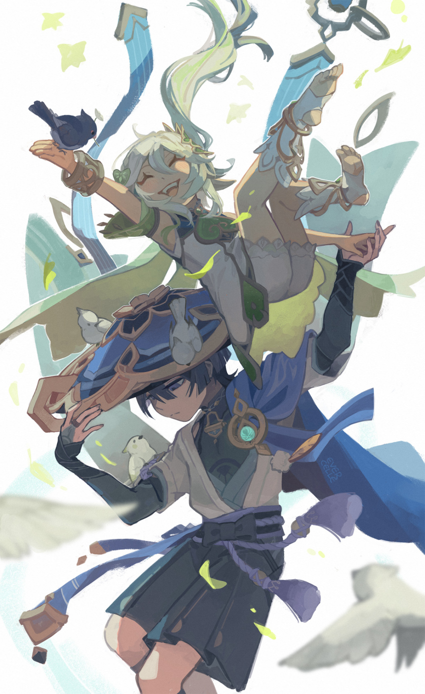 1boy 1girl anemo_symbol_(genshin_impact) animal animal_on_head animal_on_shoulder anklet aqua_gemstone arm_at_side arm_up armlet armor artist_name belt bird bird_on_hand bird_on_head bird_on_shoulder black_belt black_bodysuit black_bow black_bridal_gauntlets black_hair black_shorts bloomers blue_cape blue_hat blue_kimono blue_sleeves blunt_ends blush bodysuit bow bridal_gauntlets cape closed_mouth colored_tips covered_collarbone detached_sleeves dress empty_eyes evercelle expressionless eyelashes facing_up falling_leaves feathers feet_up fingernails furisode gem genshin_impact gold gold_ring gold_trim green_hair green_sleeves grey_eyes hair_ornament hakama hakama_shorts hand_up happy hat highres holding_hands japanese_armor japanese_clothes jewelry jingasa juban kimono kote kurokote layered_sleeves leaf leaf_hair_ornament long_hair looking_at_animal looking_down mandarin_collar middle_ring multicolored_hair nahida_(genshin_impact) on_head open_clothes open_kimono open_mouth outstretched_arm pleated_shorts pointy_ears pom_pom_(clothes) purple_rope purple_sash rope sash scaramouche_(genshin_impact) short_sleeves shorts shoulder_peek side_ponytail sidelocks socks split_mouth stirrup_footwear tassel teeth toenails toes underwear upper_teeth_only vision_(genshin_impact) wanderer_(genshin_impact) white_background white_bloomers white_dress white_hair white_kimono white_sleeves white_socks white_trim yellow_feathers