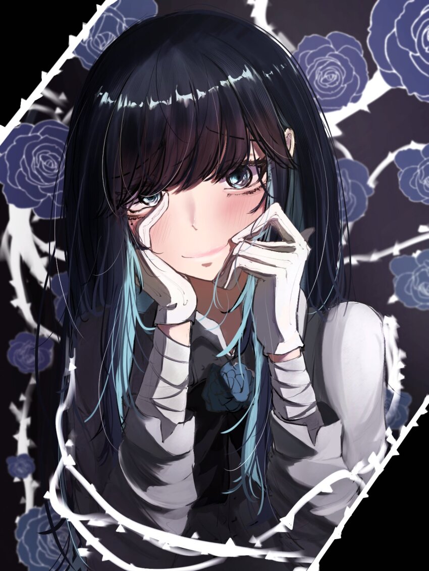 1girl ado_(utaite) black_hair black_vest blue_eyes blue_flower blue_hair blue_rose blush chando_(ado) closed_mouth colored_inner_hair commentary flower gloves hand_on_own_face highres holding holding_own_hair long_hair long_sleeves looking_at_viewer mole mole_under_eye multicolored_hair rose shirt sidelocks solo tanake_(tanakei_ado) upper_body utaite vest white_gloves white_shirt