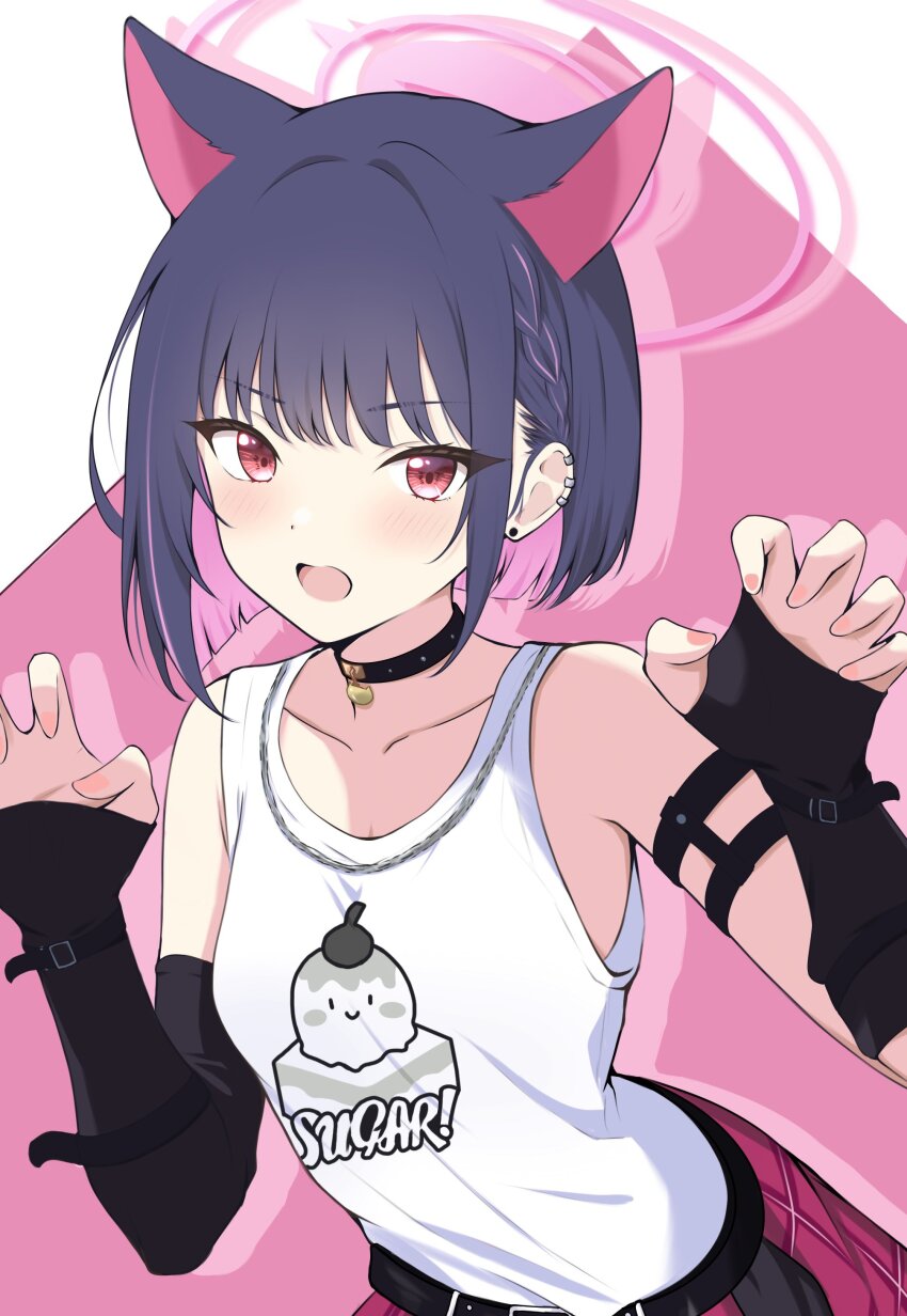 1girl absurdres alternate_costume animal_ears arm_strap black_collar black_gloves blue_archive blush cat_ears collar collarbone colored_inner_hair commentary_request ear_piercing earrings gloves halo highres jewelry kazusa_(blue_archive) kurumi_kororin looking_at_viewer medium_hair military_vehicle motor_vehicle multicolored_hair open_mouth paw_pose piercing pink_background pink_hair pink_halo plaid_clothes purple_hair red_eyes red_skirt sidelocks skirt solo tank tank_top upper_body white_background white_tank_top