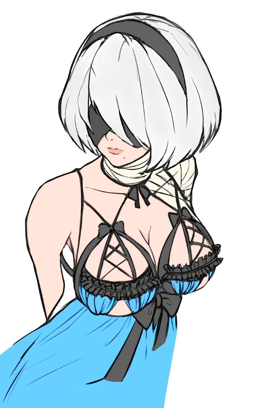 1girl 2b_(nier:automata) absurdres bandage_on_neck bandaid bare_shoulders blindfold breasts closed_mouth cosplay covered_eyes dress ferealp3 hair_ornament hairband highres kaine_(nier) kaine_(nier)_(cosplay) large_breasts lips mole mole_under_mouth nier nier:automata nier_(series) short_hair sleeveless solo upper_body white_hair