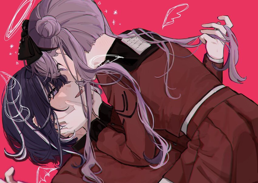 1boy 1girl black_hairband blush bow_hairband brother_and_sister eye_contact girl_on_top grey_eyes hairband hand_in_another&#039;s_hair hands_on_another&#039;s_face hetero highres imminent_kiss incest looking_at_another lying noa_1042 on_back pink_background pink_hair purple_hair red_serafuku school_uniform serafuku siblings sweat the_hundred_line_-last_defense_academy- tsukumo_ima tsukumo_kako twins