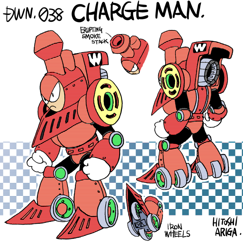 &gt;:( 1boy ariga_hitoshi armor artist_name black_bodysuit black_eyes blue_background bodysuit boots character_name reference_sheet charge_man checkered_background clenched_hands closed_mouth commentary_request concept_art english_text facing_down from_behind full_body gloves gradient_background highres knee_boots locomotive looking_ahead looking_up male_focus mega_man_(classic) mega_man_(series) mega_man_5 mega_man_megamix multiple_views no_humans red_armor red_footwear robot scanlines shoe_soles simple_background standing steam_locomotive turnaround v-shaped_eyebrows white_background white_gloves