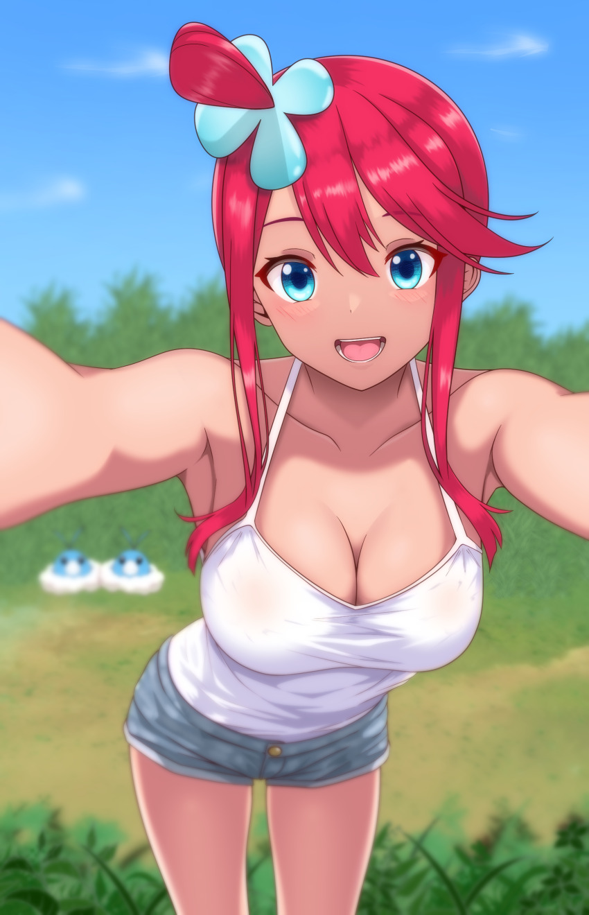 1girl :d absurdres alternate_costume aqua_eyes breasts cleavage cloud collarbone commentary_request commission day gen_3_pokemon hair_between_eyes hair_ornament happy highres leaning_forward looking_at_viewer mokocchi_(susanootransam) nintendo one_side_up open_mouth outdoors pixiv_commission pokemon pokemon_(creature) pokemon_bw red_hair shirt short_hair_with_long_locks shorts sidelocks sky skyla_(pokemon) smile swablu teeth tongue white_shirt