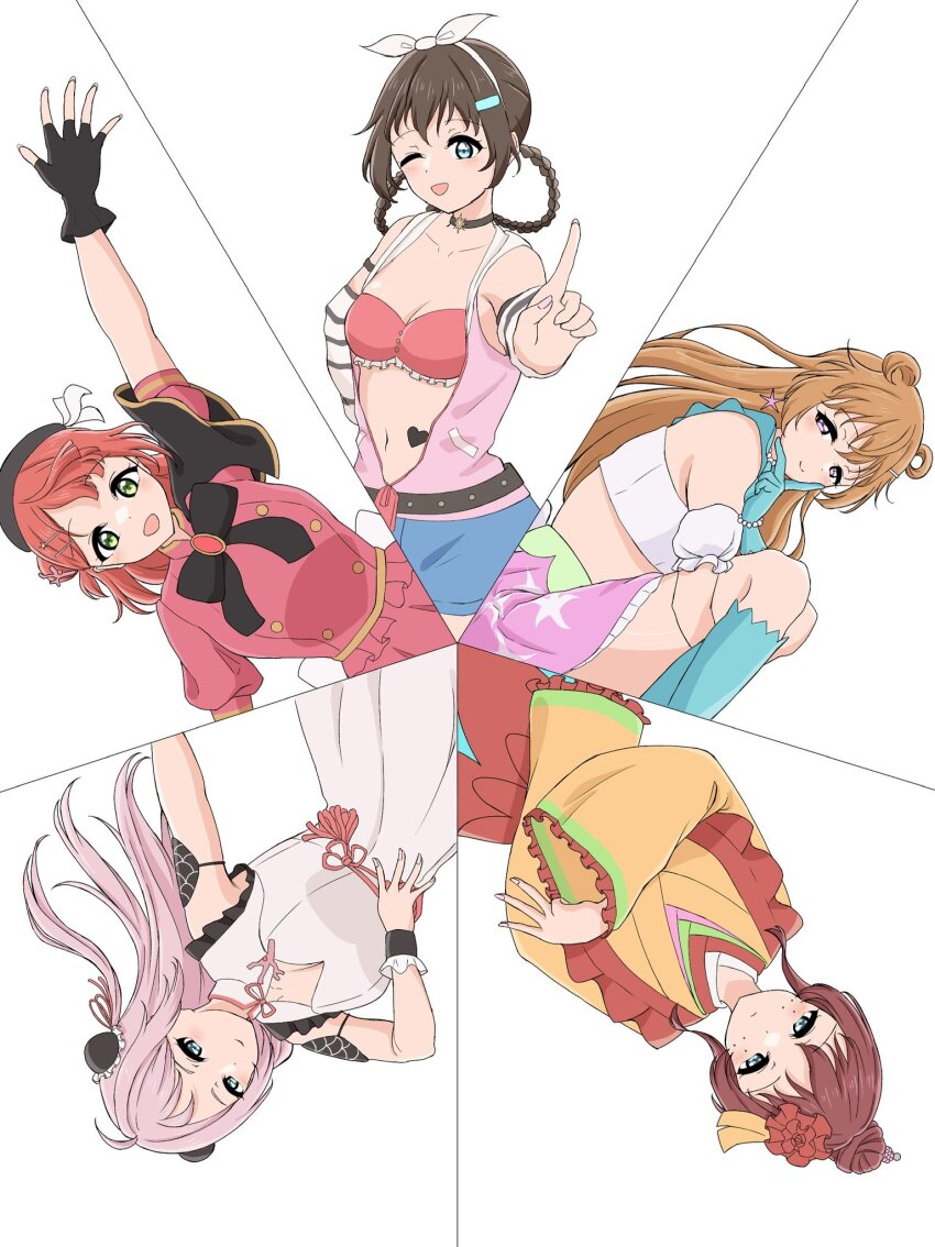 5girls :d ;d aqua_gloves aqua_socks arm_up bandeau beret bikini black_bow black_bowtie black_capelet black_gloves black_hat blue_eyes blue_shorts blush bow bow_hairband bowtie braid braided_hair_rings breasts brown_hair bun_cover buttons capelet cara_tesoro circle_formation cleavage cleavage_cutout closed_mouth clothing_cutout commentary_request daydream_mermaid dazzu_le detached_sleeves double-breasted double_bun dress emma_verde fingerless_gloves freckles frilled_bikini frilled_gloves frilled_kimono frilled_shirt frilled_sleeves frills gloves green_eyes hair_bun hair_horns hair_rings hairband hat highres hugging_own_legs index_finger_raised jacket japanese_clothes kimono kneehighs konoe_kanata long_hair long_sleeves love_live! love_live!_nijigasaki_high_school_idol_club love_live!_nijigasaki_high_school_idol_club_the_movie_-_finale mandarin_collar medium_breasts medium_hair midriff multiple_girls navel official_alternate_costume one_eye_closed open_clothes open_hand open_jacket open_mouth orange_hair osaka_shizuku phoenix_(love_live!) pink_hair pink_jacket pink_shirt puffy_short_sleeves puffy_sleeves purple_eyes red_bikini rise_up_high!_(love_live!) shirt short_hair short_shorts short_sleeves shorts side_cape single_hair_bun sleeveless sleeveless_dress sleeveless_jacket smile socks stellar_stream_(love_live!) swimsuit uehara_ayumu white_background white_bandeau white_dress white_hairband wide_sleeves yellow_kimono zhong_lanzhu
