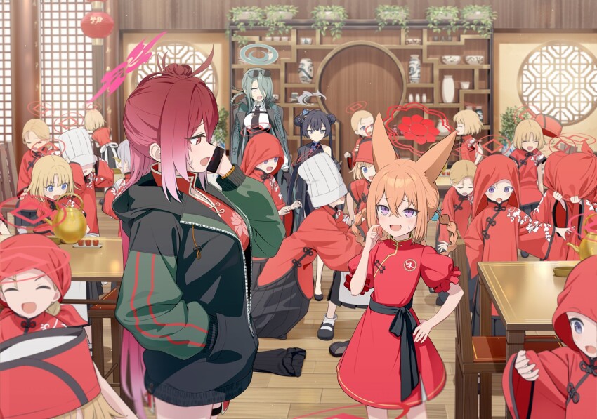 6+girls animal_ears black_dress black_jacket black_skirt blonde_hair blue_archive blue_eyes blush braid braided_hair_rings butterfly_hair_ornament cellphone china_dress chinese_clothes closed_eyes double_bun dress eyewear_on_head floral_print forehead fox_ears fox_girl green_halo green_jacket grey_eyes grey_halo hair_between_eyes hair_bun hair_ornament hair_rings halo hand_in_pocket hat high-waist_skirt highres holding holding_phone jacket jacket_on_shoulders kisaki_(blue_archive) long_hair looking_at_another mina_(blue_archive) multiple_girls non-web_source official_alternate_costume official_alternate_hairstyle official_art open_mouth phone pink_halo purple_eyes red_dress red_eyes red_halo red_hat reijo_(blue_archive) rumi_(blue_archive) rumi_(small)_(blue_archive) shirt short_sleeves sidelocks single_side_bun skirt sleeveless sleeveless_dress smartphone sunglasses sweat twintails white_shirt
