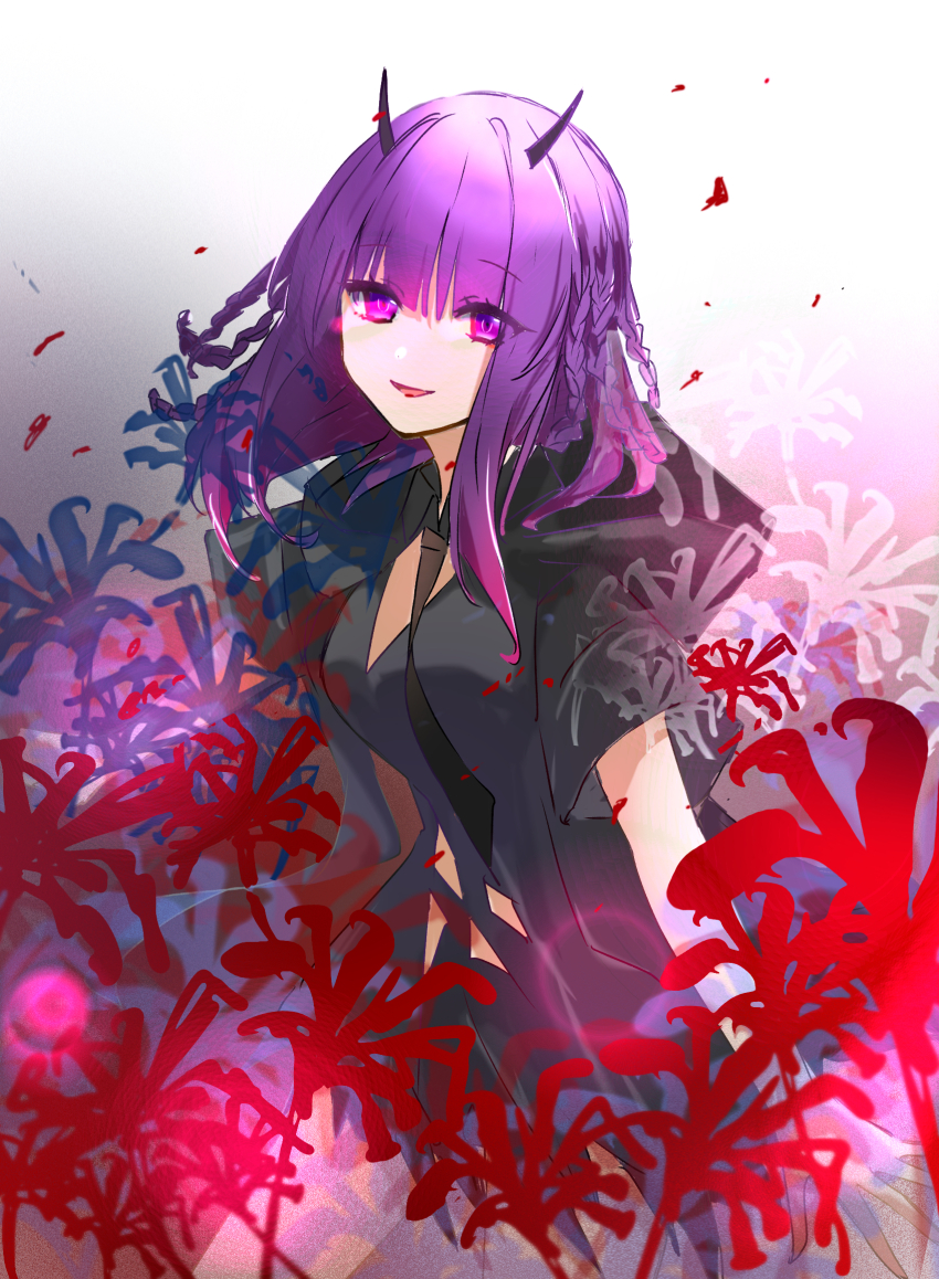 1girl arknights black_jacket black_necktie black_shirt braid collared_shirt commentary_request cowboy_shot demon_horns flower highres horns jacket joul_0704 lava_(arknights) lava_the_purgatory_(arknights) looking_at_viewer necktie one-hour_drawing_challenge parted_lips purple_eyes purple_hair red_flower shirt short_hair short_sleeves solo spider_lily white_background