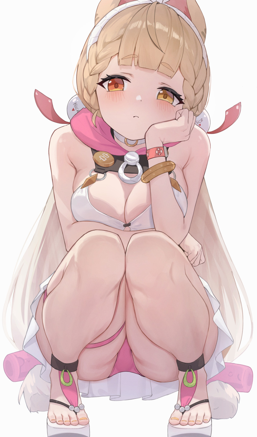 1girl alice_thymefield alice_thymefield_(sea_of_thyme) animal_ears bitseon blonde_hair blush bracelet braid breasts choker cleavage commentary crown_braid hair_bobbles hair_ornament head_rest heterochromia highres jewelry large_breasts light_frown long_hair looking_at_viewer low_twintails medium_breasts orange_eyes rabbit_ears rabbit_girl red_eyes sandals simple_background solo squatting swimsuit thigh_strap toes twintails white_background white_sandals zenless_zone_zero