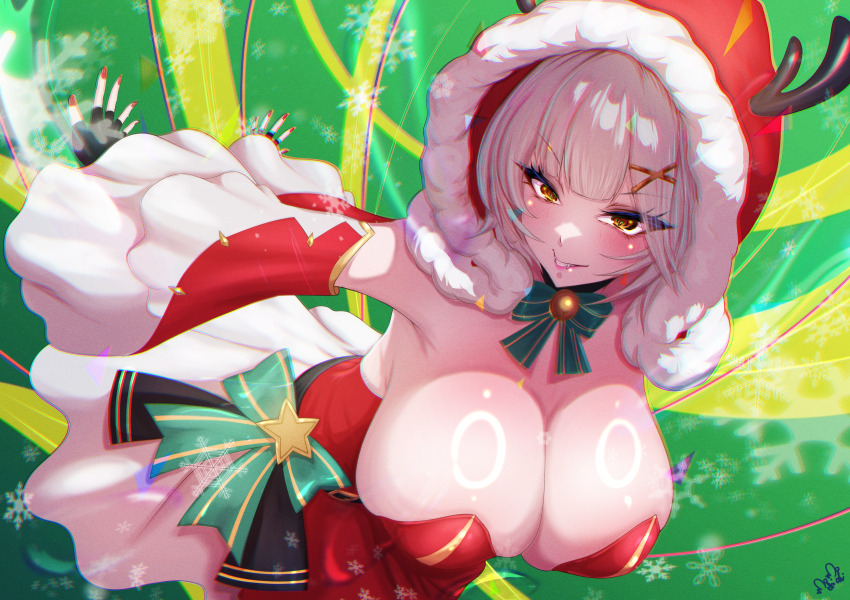 1girl absurdres antlers black_choker black_hair blush breasts choker christmas cleavage closed_mouth clothing_request detached_sleeves fake_antlers fingerless_gloves fur_hood gloves hair_ornament highres horns large_breasts looking_at_viewer momoyama_tits red_hood red_nails reindeer_antlers santa_costume short_hair smile solo virtual_youtuber vshojo x_hair_ornament yellow_eyes zentreya zentreya_(cyborg)