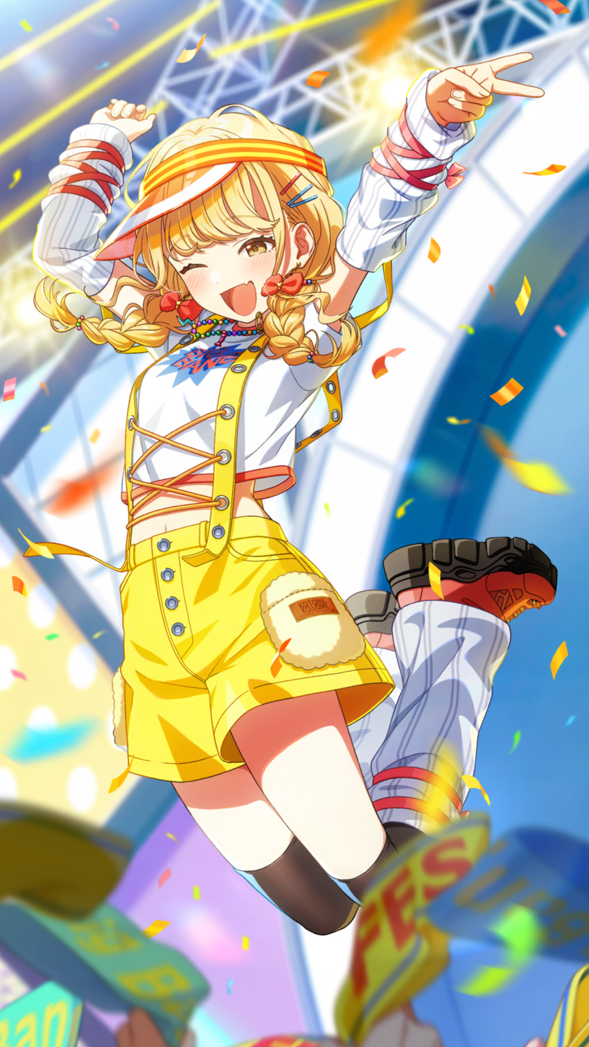 absurdres blonde_hair braid buttons confetti detached_sleeves earrings english_text fang fujita_kotone gakuen_idolmaster game_cg hair_ornament hairclip highres idol_clothes idolmaster jewelry low_twin_braids midair navel necklace official_art one_eye_closed open_mouth shirt shorts skin_fang stage_lights thighhighs twin_braids v visor_cap white_shirt yellow_big_bang!_(idolmaster) yellow_eyes