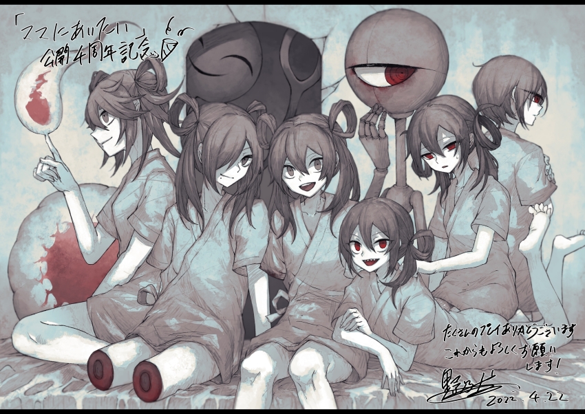 2girls 4boys barefoot blood blood_splatter blood_stain colored_skin cyclops gobanme grey_eyes grey_hair hair_over_one_eye highres ichibanme long_hair looking_at_viewer lying mama_ni_aitai mechanical_arms messy_hair mole mole_under_mouth multiple_boys multiple_girls nibanme nonono_no on_stomach one-eyed red_eyes robot rokubanme sanbanme_(unimura) sharp_teeth short_hair siblings side_ponytail sweatdrop teeth twins twintails white_skin yonbanme