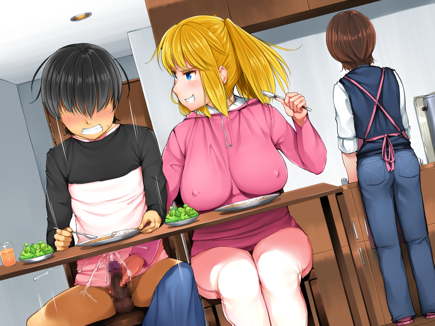 1boy 2girls absurdres apron ass bitch_girl_to_ikkagetsukan_doukyo_seikatsu black_hair blonde_hair blue_eyes blush breasts brown_hair censored clenched_teeth covered_erect_nipples cum door ejaculation embarrassed food handjob highres juice kitchen kozakura_kumaneko large_breasts legs masturbation mosaic_censoring multiple_girls multitasking naughty_face penis projectile_cum salad short_hair sitting smile spoon spread_legs standing stealth_masturbation stealth_sex table teeth thighs under_table