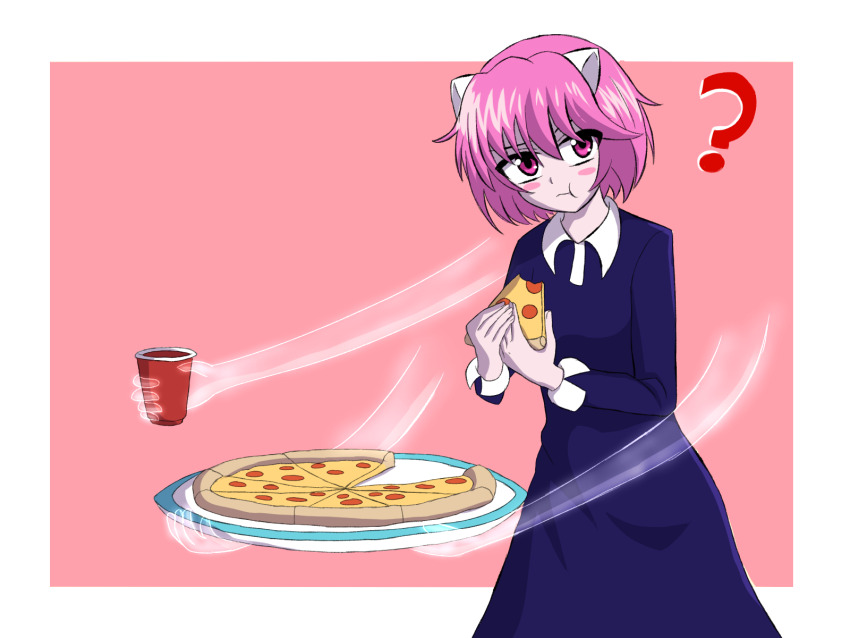 1girl ? blush breasts collared_shirt cup disposable_cup dress eating elfen_lied food highres holding holding_food holding_pizza horns long_sleeves nana_(elfen_lied) pask5583 pink_eyes pink_hair pizza red_background shirt short_hair soda solo vectors