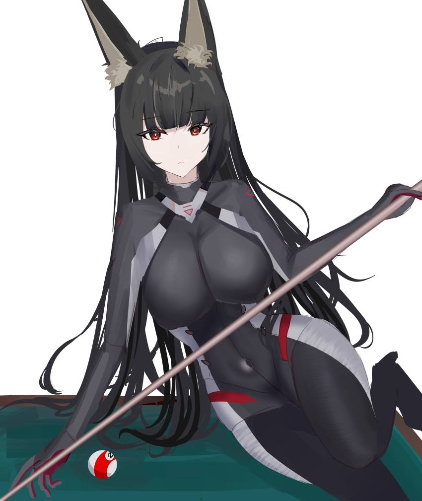 1girl absurdres animal_ear_fluff animal_ears black_bodysuit blunt_bangs bodysuit closed_mouth commentary_request covered_navel cue_stick fox_ears fox_girl highres holding holding_pole hoshimi_miyabi looking_at_viewer mikuning on_table pole red_eyes red_hair solo table zenless_zone_zero