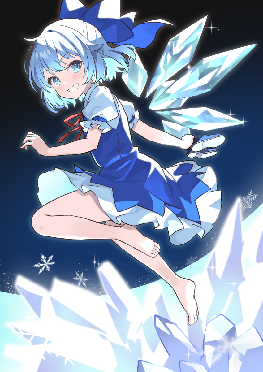 1girl absurdres ahase_hino bare_legs barefoot blue_bow blue_dress blue_eyes blue_footwear blue_hair bow cirno colored_shoe_soles dress frilled_shirt_collar frills full_body grin hair_bow highres holding holding_footwear holding_shoes holding_unworn_clothes ice ice_wings looking_at_viewer neck_ribbon pinafore_dress puffy_short_sleeves puffy_sleeves red_ribbon ribbon shirt shoes short_dress short_hair short_sleeves sleeveless sleeveless_dress smile snowflakes solo sparkle toes touhou unworn_footwear unworn_shoes white_shirt wings