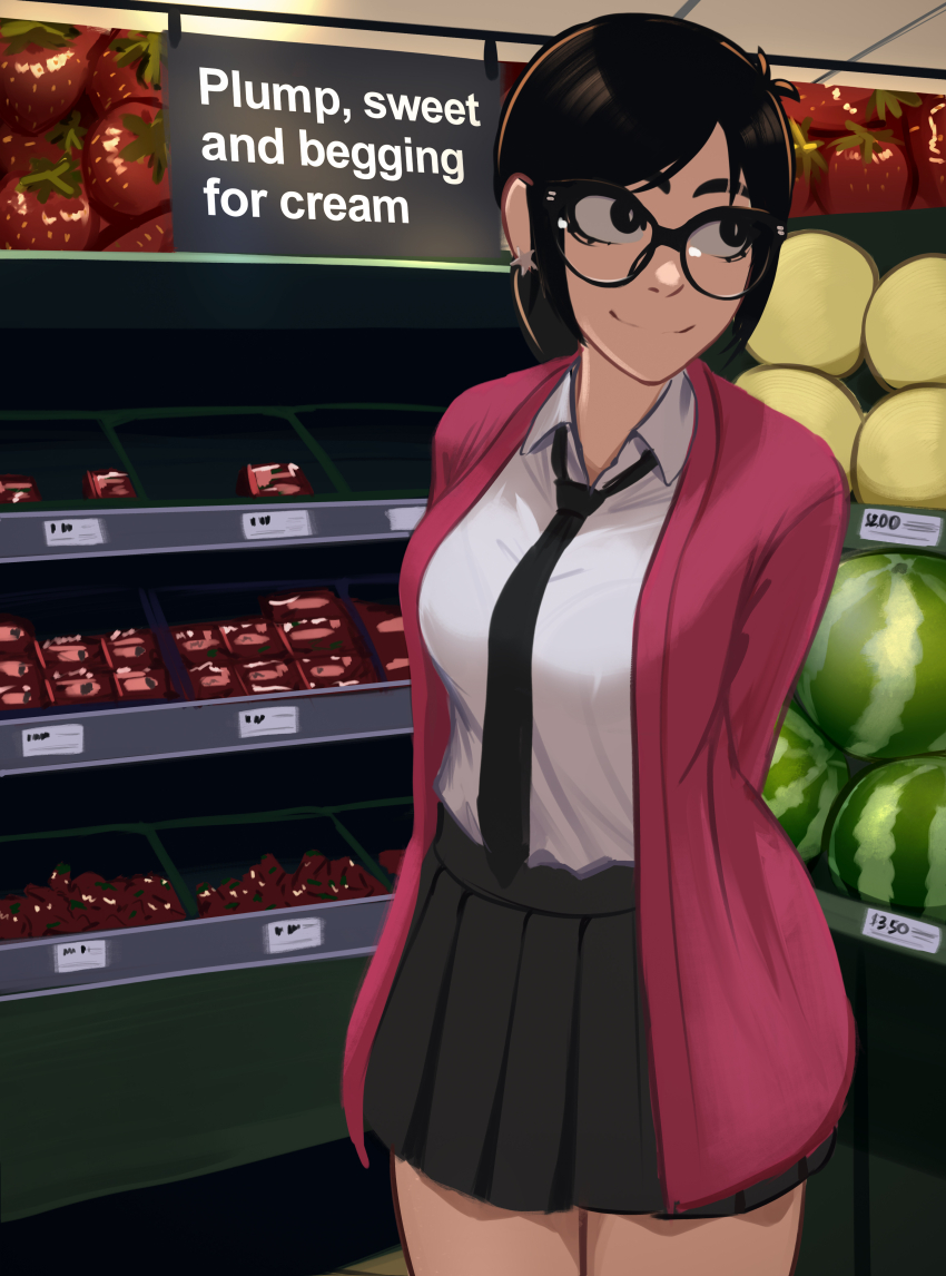 1girl absurdres arms_behind_back black_eyes black_hair black_necktie breasts cardigan cowboy_shot english_text food fruit glasses highres large_breasts looking_to_the_side miniskirt necktie original pink_cardigan pleated_skirt rosen_(veyonis) skirt smile solo split_mouth strawberry veyonis watermelon