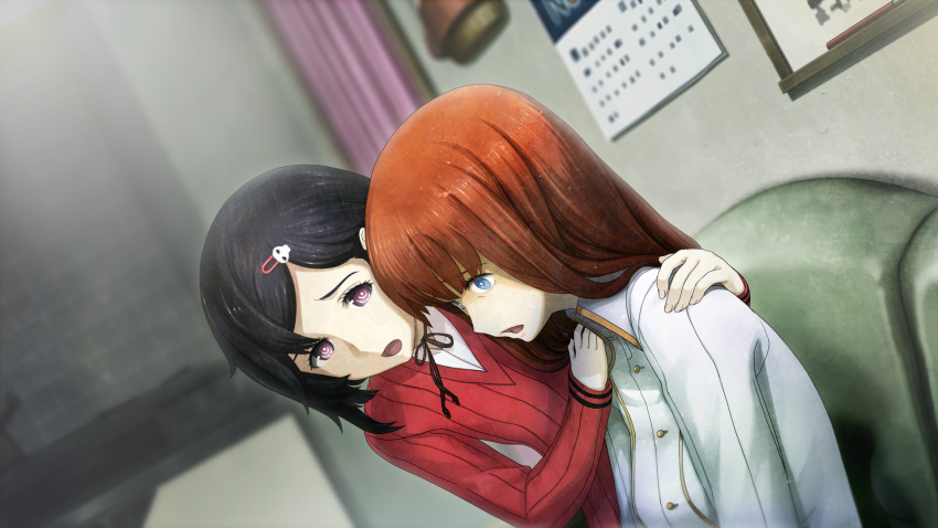 1boy 1girl black_hair black_pantyhose blue_eyes blurry blurry_background bob_cut breasts buttons choker collared_shirt couch curtains dutch_angle fingernails future_gadget_lab game_cg hair_ornament hairclip hand_on_another&#039;s_shoulder high_collar high_heels highres huke impossible_clothes long_hair long_sleeves looking_at_another looking_down medium_breasts non-web_source official_art on_couch open_mouth pantyhose pink_eyes red_hair red_sweater ribbon_choker ringed_eyes shiina_kagari shirt sitting skull_hair_ornament slouching steins;gate steins;gate_0 sweater tongue trap traumatized urushibara_ruka white_shirt wide-eyed winter_clothes worried