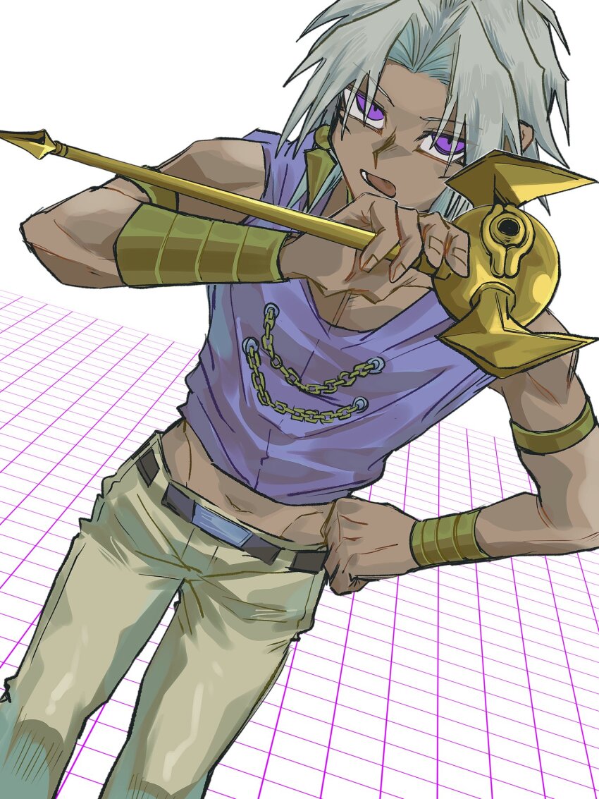 1boy armlet belt brown_pants dark-skinned_male dark_skin earrings grey_hair highres holding holding_rod jewelry looking_at_viewer lower_teeth_only male_focus marik_ishtar matcha_l77 midriff millennium_rod pants purple_eyes rod solo teeth yu-gi-oh! yu-gi-oh!_duel_monsters