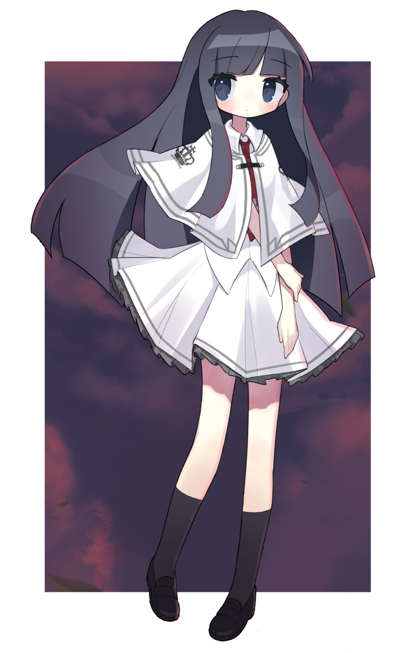 1girl absurdres black_hair black_shoes black_socks blue_eyes blunt_bangs border capelet closed_mouth cloud cloudy_sky collared_shirt cross cross_print crown_print expressionless floating floating_hair frilled_skirt frills full_body highres kneehighs loafers long_hair looking_at_viewer necktie night night_sky red_necktie risumun school_uniform shirt shoes short_sleeves skirt sky socks solo straight_hair subarashiki_hibi takashima_zakuro white_border white_capelet white_shirt white_skirt