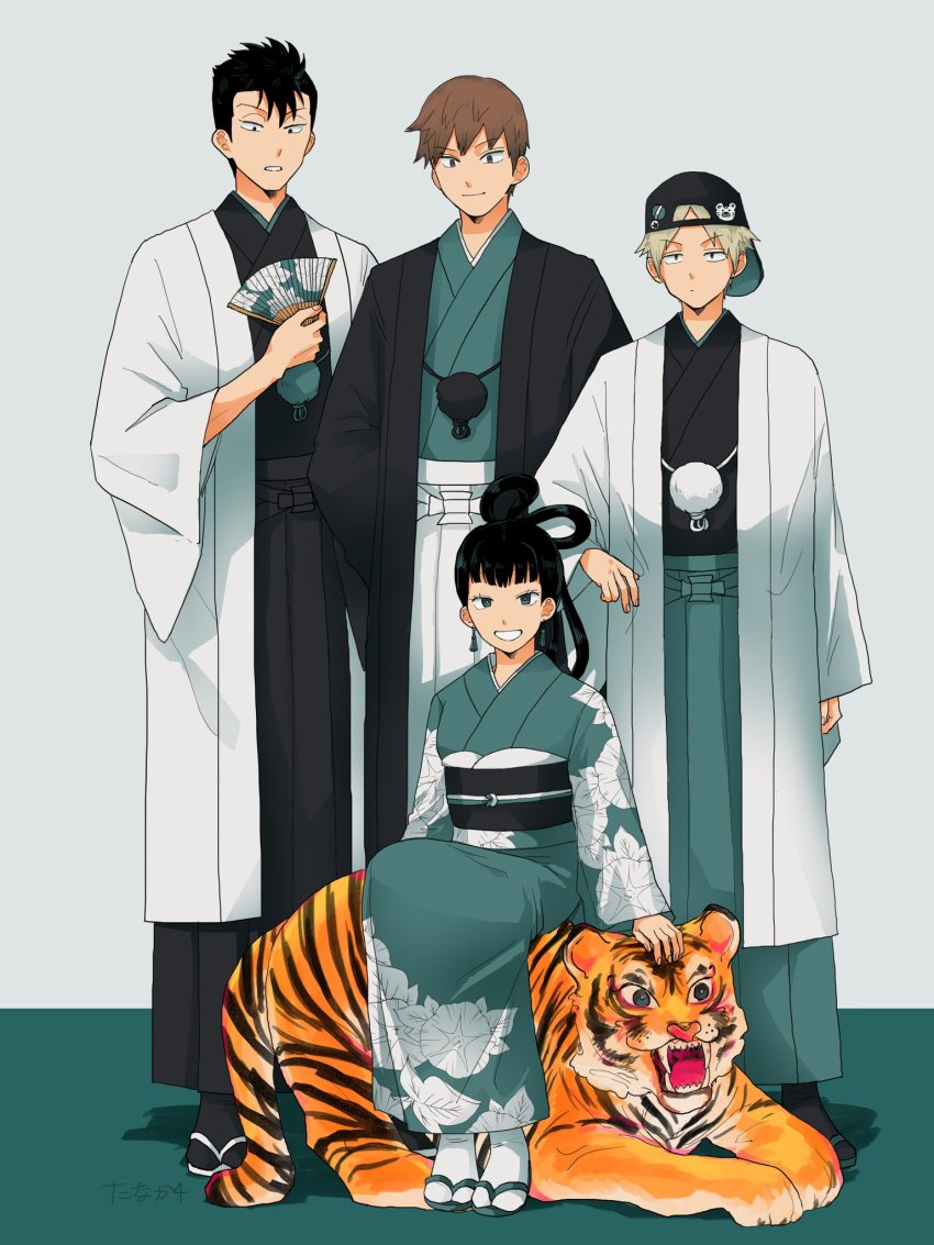 1girl 3boys aqua_hakama aqua_kimono aqua_theme arafune_tetsuji backwards_hat badge baseball_cap black_coat black_hakama black_headwear black_legwear blunt_bangs brown_hair button_badge chinese_zodiac coat earrings floral_print folding_fan full_body furisode grey_background hair_rings hakama hand_fan hanzaki_yoshito haori haori_himo hat highres hokari_atsushi holding holding_fan holding_stuffed_toy japanese_clothes jewelry kagami_rin kimono long_hair long_sleeves looking_at_another looking_at_viewer looking_away looking_down multiple_boys new_year obi rism02682 sandals sash short_hair sitting smile standing stuffed_animal stuffed_tiger stuffed_toy tabi white_coat white_hakama white_legwear wide_sleeves world_trigger year_of_the_tiger zouri