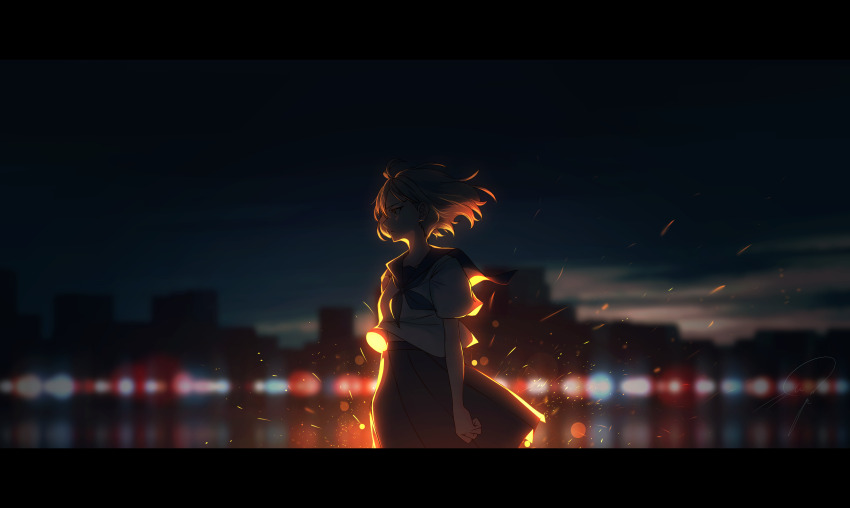 1girl absurdres blurry blurry_background bokeh city_lights cityscape commentary_request depth_of_field fireworks highres letterboxed light_rays looking_to_the_side neckerchief nengoro night original outdoors sailor_collar scenery school_uniform serafuku shirt short_hair short_sleeves skirt sky solo white_shirt