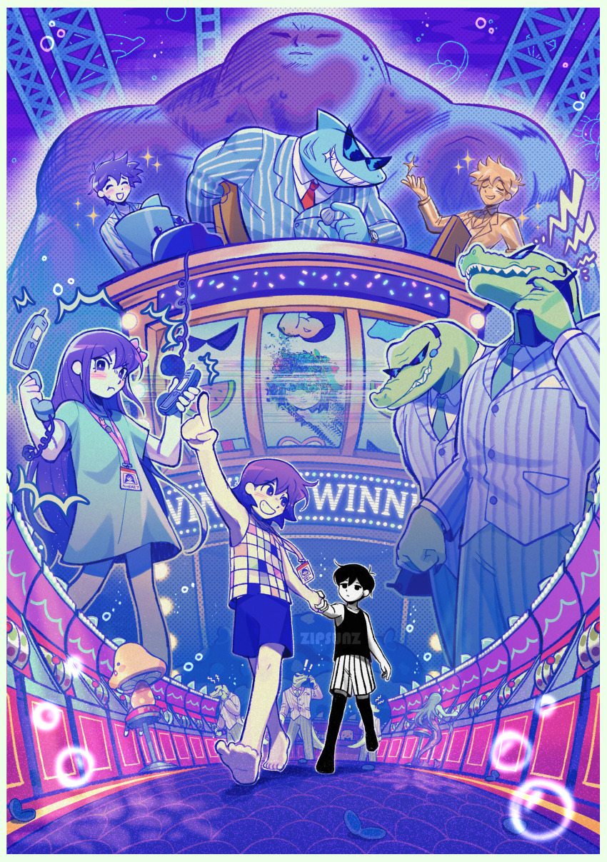 2girls 6+boys absurdres aubrey_(omori) barefoot basil_(omori) black_eyes black_hair black_thighhighs blue_shirt blush bow closed_eyes closed_mouth expressionless gator_guy_(omori) grin hair_bow hero_(omori) highres holding holding_phone id_card kel_(omori) lanyard long_hair looking_at_another mermaid monster_girl mr._jawsum multiple_boys multiple_girls omori omori_(omori) parted_lips phone pink_bow pluto_(omori) pout purple_eyes purple_hair shirt short_hair short_sleeves shorts sleeveless sleeveless_shirt slot_machine smile statue sunglasses teeth thighhighs walkie-talkie zipsunz