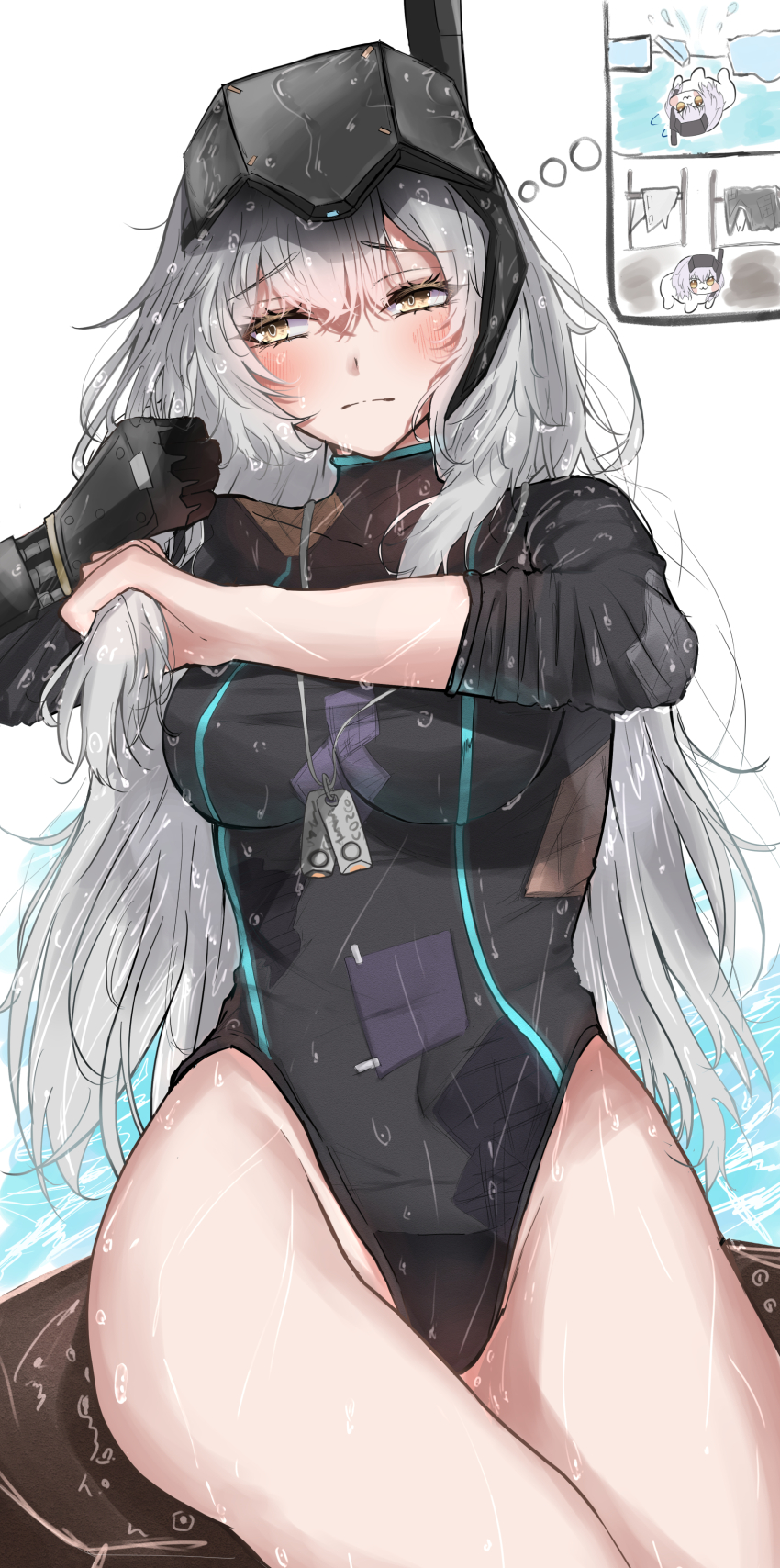 1girl absurdres alternate_costume black_one-piece_swimsuit covered_navel dog_tags doro_(nikke) goddess_of_victory:_nikke grey_hair head-mounted_display highres iwazaki mechanical_arms one-piece_swimsuit single_mechanical_arm snow_white_(nikke) solo swimsuit visor_(armor) wet wet_clothes wet_hair yellow_eyes