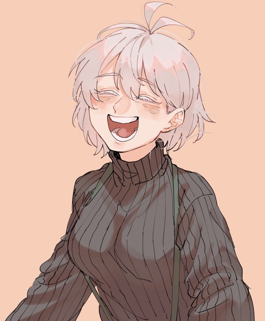 1girl :d ^_^ antenna_hair aohitsugi_nemu black_sweater blush breasts closed_eyes colored_eyelashes eyelashes hair_behind_ear hair_between_eyes happy highres hypnosis_mic long_sleeves medium_breasts open_mouth pink_background raised_eyebrows ribbed_sweater short_hair simple_background smile solo suspenders sweater teeth turtleneck upper_body urata_(kogasitata) white_hair