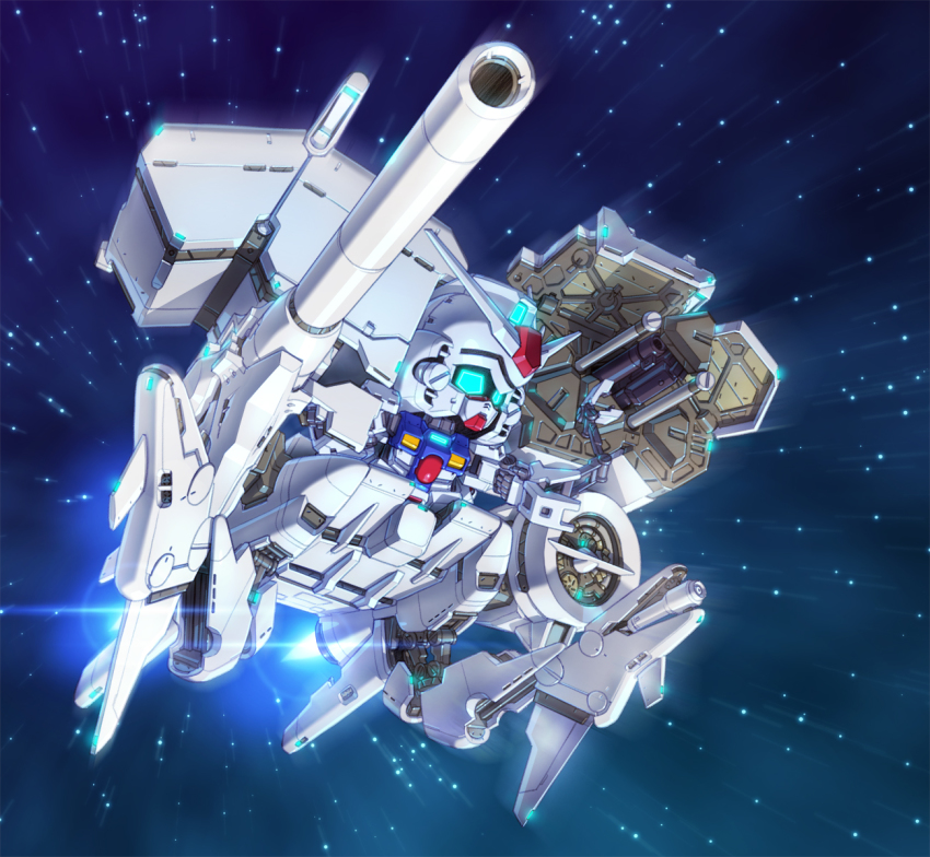 blue_eyes chibi clenched_hands dendrobium_schema flying glowing glowing_eyes gundam gundam_0083 gundam_gp-03_stamen looking_to_the_side mecha mobile_armor mobile_suit no_humans robot science_fiction solo space susagane textless_version v-fin