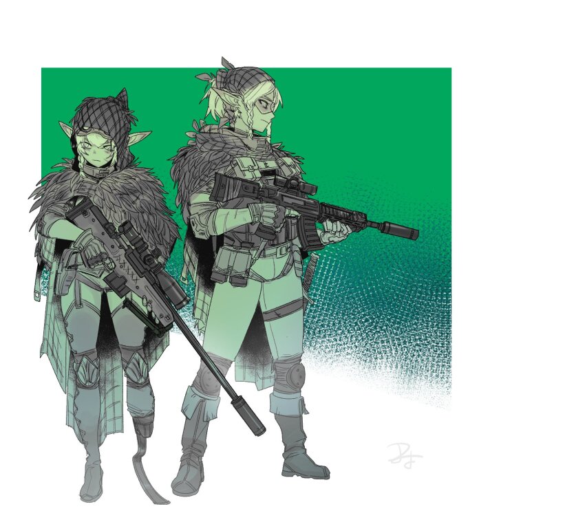 2girls anti-materiel_rifle assault_rifle belt belt_pouch boots closed_mouth difman elbow_pads elf full_body garter_straps ghillie_suit glasses gloves green_theme gun headscarf highres holding holding_gun holding_weapon knee_pads knife load_bearing_vest magazine_(weapon) military multiple_girls original pants pointy_ears pouch prosthesis prosthetic_leg rifle running_blades scope simple_background sniper_rifle standing suppressor thigh_boots weapon weapon_request