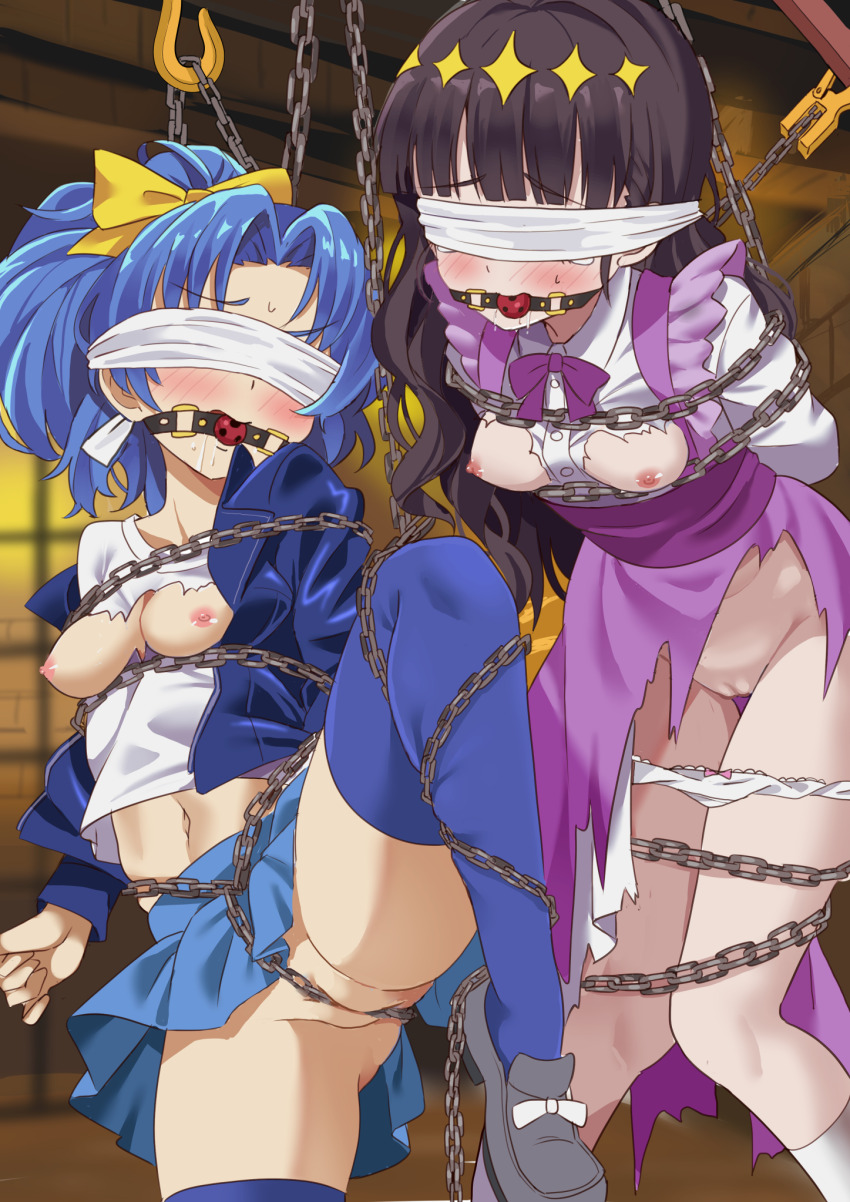 2girls arms_at_sides arms_up ass ball_gag bdsm belly blindfold blue_hair blue_jacket blue_panties blue_skirt blue_thighhighs blunt_bangs blush bondage bound bound_arms bound_legs bound_together bound_torso bow bow_panties bowtie breasts breasts_out censored chain clothes_lift collared_shirt commission crotch_rope delicious_party_precure dress drooling dungeon embarrassed female_focus gag gagged gluteal_fold hair_ornament high_ponytail highres jacket kasai_amane kneehighs layered_dress leg_up legs long_hair long_sleeves medium_breasts medium_hair messy_hair midriff midriff_peek miniskirt mosaic_censoring multiple_girls navel nervous nervous_smile nervous_sweating nipples nipples_visible_through_shirt no_panties open_mouth panties panties_around_leg pantyshot pelvic_curtain perky_breasts pink_bow pixiv_commission pleated_skirt ponytail precure purple_bow purple_bowtie purple_dress purple_hair pussy restrained saliva saliva_trail shimouki_izui shirt shoes sidelocks skin_tight skindentation skirt skirt_lift smile socks stomach straight_hair striped_clothes striped_panties struggling suspended_congress suspension sweat sweatdrop tategami_aoi thigh_gap thighhighs thighs tiara tongue torn_clothes torn_dress torn_shirt underwear upskirt white_dress white_panties white_shirt white_socks