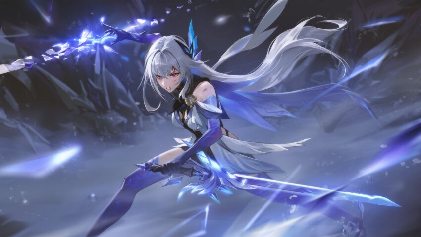 1girl azurelight_(genshin_impact) bare_shoulders blood blood_from_forehead blood_from_mouth blood_on_face breasts bruise clenched_teeth crossed_bangs crystal_shards dress fighting_stance floating_hair genshin_impact grey_hair hair_between_eyes hair_ornament highres holding holding_sword holding_weapon injury long_hair medium_breasts prosthesis prosthetic_arm prosthetic_leg raikoart red_eyes shards skirk_(genshin_impact) solo solo_focus sword teeth weapon white_dress