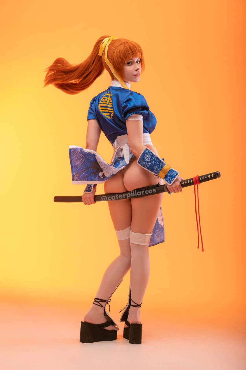 1girl ass breasts brown_hair caterpillarcos cosplay cosplay_photo dead_or_alive from_behind hair_ribbon highres kasumi_(doa) kasumi_(doa)_(cosplay) large_breasts long_hair looking_at_viewer looking_back ninja no_panties photo_(medium) ponytail real_life ribbon short_sleeves sword thighhighs weapon