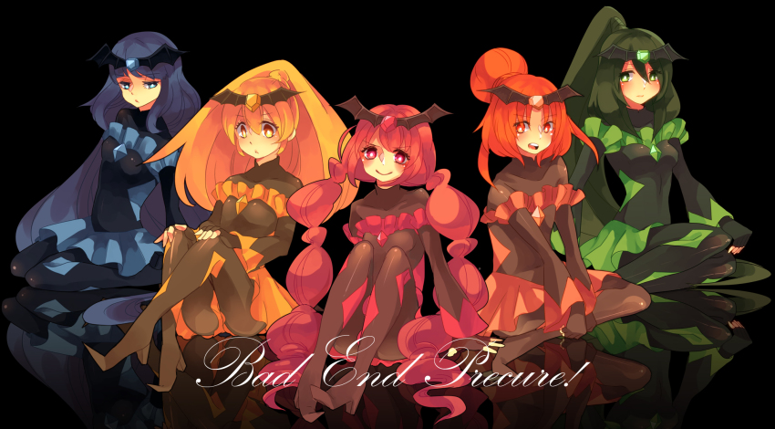 10s 5girls bad_end_beauty bad_end_happy bad_end_march bad_end_peace bad_end_precure bad_end_sunny bad_id bad_pixiv_id black_background black_bodysuit blonde_hair blue_eyes blue_hair blue_skirt blush bodysuit english_text fingerless_gloves frills gem gloves green_eyes green_hair head_wings high_heels highres kinomiya_machi long_sleeves multiple_girls open_mouth orange_eyes orange_hair pink_eyes pink_hair precure seiza shoes sitting skirt smile smile_precure! teeth tiara wide_sleeves wings yellow_eyes