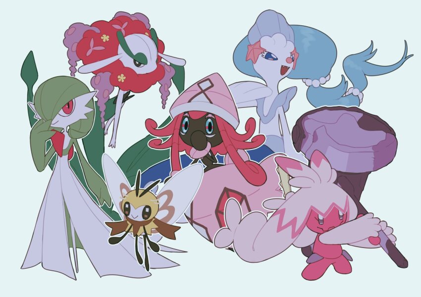:&gt; closed_mouth fangs florges florges_(red_flower) flower full_body gardevoir gen_3_pokemon gen_6_pokemon gen_7_pokemon hammer highres holding holding_hammer holding_weapon legendary_pokemon nintendo no_feet no_humans open_mouth pokemon pokemon_(creature) primarina ribombee simple_background smile tapu_lele tinkaton v_(govvvvw) weapon wings