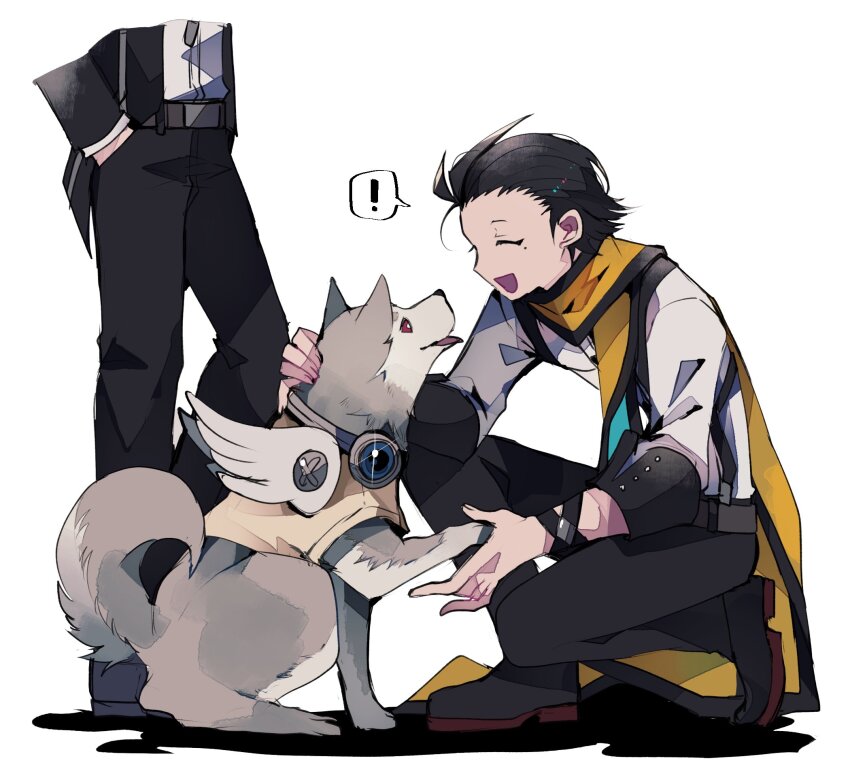 ! 2boys animal belt belt_buckle black_belt black_footwear black_hair black_jacket black_pants black_sleeve_cuffs black_trim buckle contrapposto curled_tail dog fake_wings gekkoukan_high_school_uniform hair_slicked_back hand_in_pocket hand_on_another&#039;s_head hashtag-only_commentary headphones headphones_around_neck highres jacket kneeling koromaru_(persona) layered_sleeves long_scarf looking_at_another male_focus mochizuki_ryouji mole mole_under_eye multiple_boys open_clothes open_jacket open_mouth out_of_frame pants paw_up persona persona_3 red_eyes scarf school_uniform shadow shirt shirt_tucked_in short_hair simple_background sleeve_cuffs sparkle speech_bubble spoken_exclamation_mark suspenders teketeke_(tasutekete) tongue vest white_background white_shirt white_vest wings yellow_scarf yuuki_makoto_(persona_3)